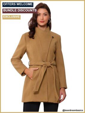 Women's Long Belted Pea Coat Stand Collar Lined Longline Overcoat